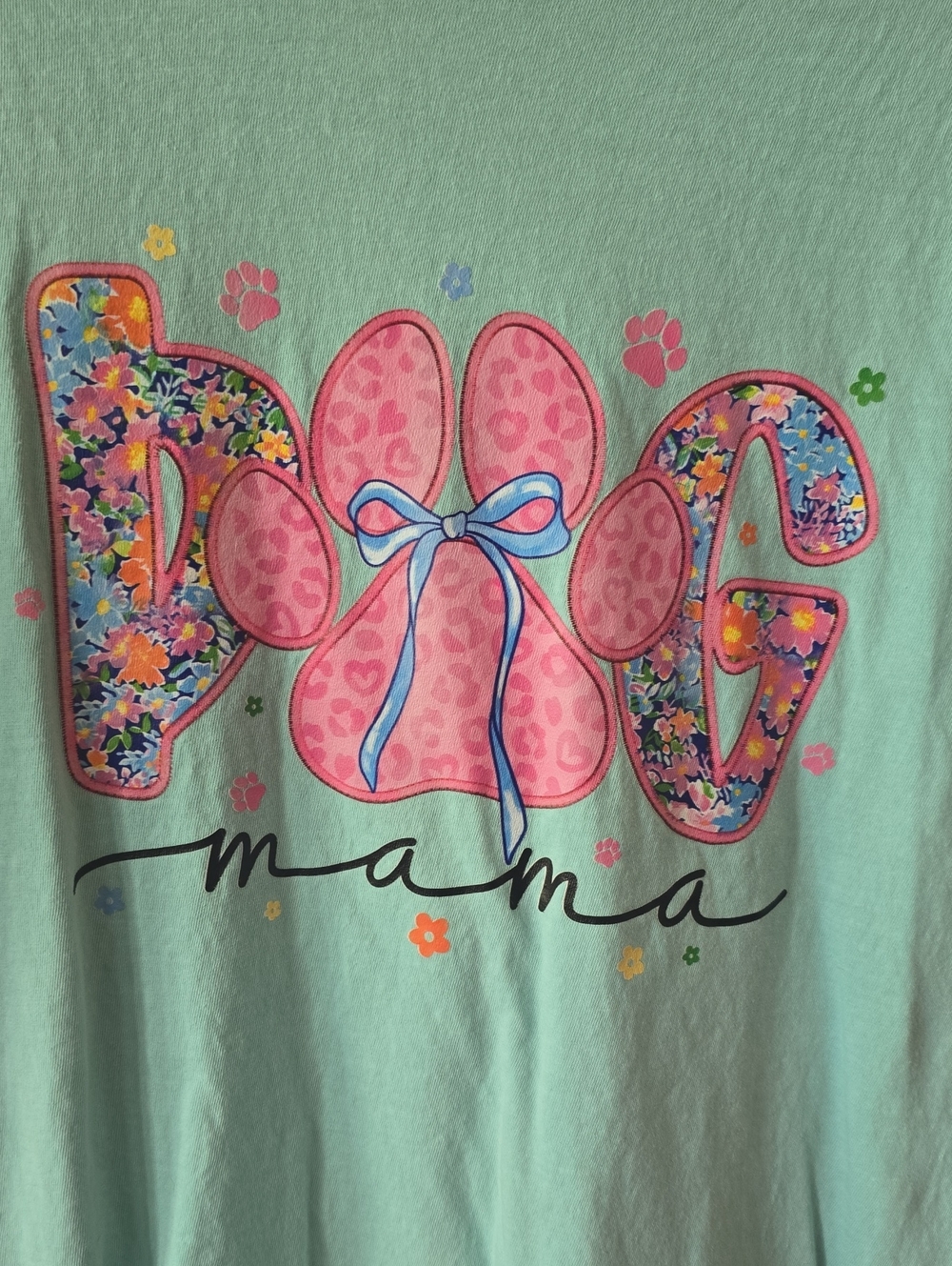 Comfort Colors Mint Dog Mama Paw Graphic Tee with Pink & Blue Accents